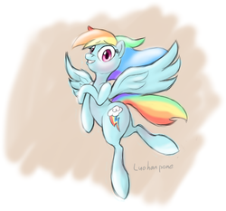 Size: 750x700 | Tagged: safe, artist:luohanpone, rainbow dash, pegasus, pony, g4, abstract background, colored, female, flying, mare, signature, simple background, solo