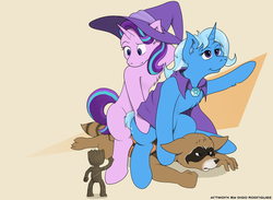 Size: 1280x935 | Tagged: safe, artist:thedigodragon, starlight glimmer, trixie, pony, unicorn, g4, crossover, female, groot, guardians of the galaxy, hooves, horn, mare, marvel cinematic universe, marvel comics, pun, rocket, rocket raccoon, simple background, toy interpretation, trixie's rocket, visual pun