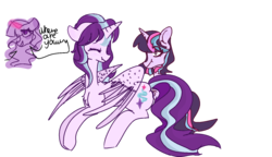 Size: 1461x840 | Tagged: safe, artist:cheezziesphaget, starlight glimmer, twilight sparkle, oc, oc:sarine glow, g4, eyes closed, female, lesbian, magical lesbian spawn, offspring, parent:starlight glimmer, parent:twilight sparkle, parents:twistarlight, ship:twistarlight, shipping, simple background, transparent background