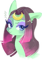 Size: 1981x2846 | Tagged: safe, artist:sibashen, earth pony, pony, accessory, bust, eyeliner, female, looking at you, makeup, mare, simple background, solo, torn ear