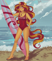 Size: 2900x3400 | Tagged: safe, artist:xjenn9, sunset shimmer, equestria girls, g4, barefoot, blushing, clothes, cyrillic, digital art, ear fluff, feet, female, high res, lidded eyes, lifeguard, looking at you, one-piece swimsuit, ponied up, raised eyebrow, russian, smiling, solo, surfboard, swimsuit, whistle