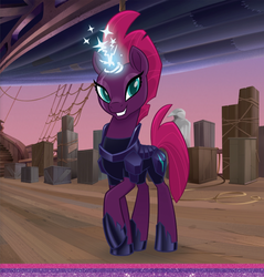 Size: 750x783 | Tagged: safe, tempest shadow, pony, unicorn, g4, my little pony: the movie, airship, broken horn, cute, eye scar, female, horn, magic, mare, pretty pretty tempest, raised hoof, scar, smiling, solo, sparking horn, sparkles, tempestbetes, we are unicorns, when she smiles