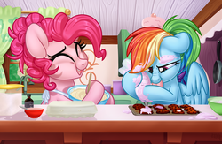 Size: 1024x667 | Tagged: safe, artist:kellythedrawinguni, pinkie pie, rainbow dash, earth pony, pegasus, pony, g4, secrets and pies, alternate ending, alternate hairstyle, cute, dashabetes, diapinkes, duo, female, food, frosting, kitchen, mare