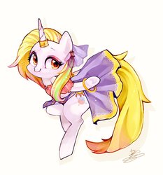 Size: 956x1024 | Tagged: safe, artist:sibashen, oc, oc only, oc:far dawn, pony, unicorn, clothes, cute, eyeliner, female, horn, horn accessory, looking away, makeup, mare, simple background, skirt, skirt lift, smiling, solo