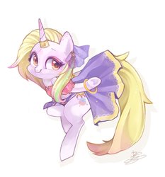 Size: 1842x1973 | Tagged: safe, artist:sibashen, oc, oc only, oc:far dawn, pony, unicorn, clothes, cute, eyeliner, female, horn, horn accessory, looking away, makeup, mare, simple background, skirt, skirt lift, smiling, solo