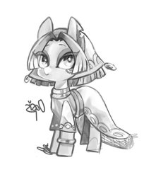 Size: 1082x1324 | Tagged: safe, artist:sibashen, oc, oc only, pony, accessory, clothes, cute, female, looking at you, makeup, mare, monochrome, solo, torn ear