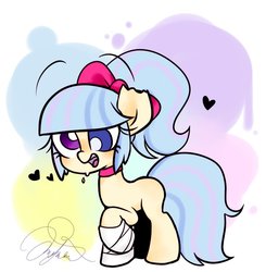Size: 850x868 | Tagged: safe, artist:oc_ponys, oc, oc only, earth pony, pony, abstract background, bandage, bow, choker, cross-eyed, derp, female, heart, heterochromia, mare, raised hoof, solo, torn ear