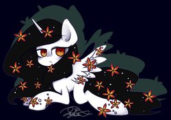 Size: 769x538 | Tagged: safe, artist:oc_ponys, oc, oc only, alicorn, pony, alicorn oc, female, flower, flower in hair, looking at you, mare, prone, solo, stare