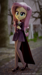 Size: 1080x1920 | Tagged: safe, artist:efk-san, fluttershy, equestria girls, fake it 'til you make it, g4, 3d, blender, clothes, dress, eyeshadow, female, fluttergoth, goth, high heels, makeup, pantyhose, path, scenery, shoes, skirt, solo, stockings, thigh highs, tree