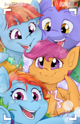 Size: 1000x1546 | Tagged: safe, artist:midnightpremiere, bow hothoof, rainbow dash, scootaloo, windy whistles, pony, g4, adopted, adopted offspring, adoption, cute, family, female, filly, heartwarming, male, mare, scootadoption, scootalove, siblings, sisters, smiling, stallion, wholesome