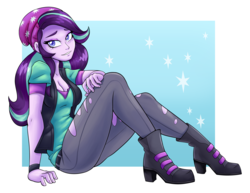 Size: 3300x2550 | Tagged: safe, artist:ambris, starlight glimmer, equestria girls, equestria girls specials, g4, my little pony equestria girls: mirror magic, beanie, boots, bracelet, breasts, busty starlight glimmer, cleavage, clothes, digital art, female, glimmerbetes, happy, hat, high heels, high res, jeans, looking at you, pants, patreon, patreon reward, pinup, ripped jeans, ripped pants, shirt, shoes, short sleeves, sitting, smiling, solo, torn clothes, vest, watch, wristwatch
