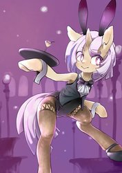 Size: 1450x2048 | Tagged: safe, artist:toki, oc, oc only, unicorn, semi-anthro, bunny ears, bunny suit, clothes, drink, female, mare, pantyhose, platter, serving tray, solo, waitress