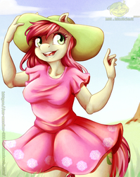 Size: 715x900 | Tagged: safe, artist:mr-murder, roseluck, earth pony, anthro, g4, background pony, clothes, cottagecore, digital art, dress, female, flower, grass, green eyes, hat, pink dress, rose, smiling, solo, sun hat