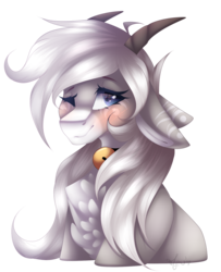 Size: 1426x1759 | Tagged: safe, artist:mauuwde, oc, oc only, oc:dov, goat pony, pony, bell, bell collar, bust, collar, female, horns, portrait, simple background, solo, transparent background