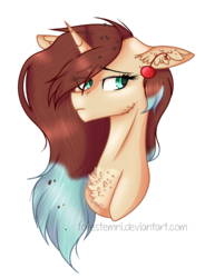 Size: 1237x1681 | Tagged: safe, artist:forestemni, oc, oc only, pony, unicorn, bust, cherry, female, food, signature, simple background, solo, transparent background