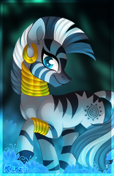 Size: 3300x5100 | Tagged: safe, artist:karzii, zecora, pony, zebra, g4, ear piercing, earring, everfree forest, female, jewelry, looking at you, mare, piercing, poison joke, solo