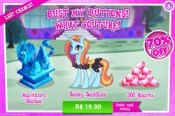 Size: 1038x689 | Tagged: safe, gameloft, sassy saddles, manticore, pony, unicorn, g4, advertisement, costs real money, crack is cheaper, female, game screencap, greed, greedloft, introduction card, mare, solo, statue