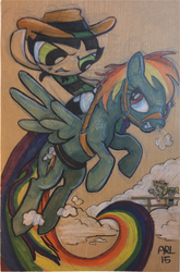 Size: 1024x1552 | Tagged: safe, artist:lytlethelemur, applejack, rainbow dash, pegasus, pony, g4, bubbles (powerpuff girls), buttercup (powerpuff girls), cloud, crossover, fence, humans riding ponies, riding, the powerpuff girls, traditional art