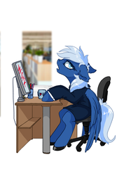 Size: 1768x2500 | Tagged: safe, artist:arctic-fox, oc, oc only, oc:lunacy, pegasus, pony, chair, clothes, complaining, computer, cup, desk, desktop, ear fluff, female, groan, lidded eyes, mare, office, office chair, pc, simple background, sitting, solo, white background, working