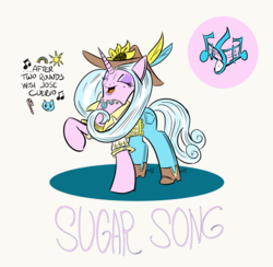 Size: 1024x998 | Tagged: safe, artist:lytlethelemur, oc, oc only, oc:sugar song, pony, unicorn, hat, music notes, raised hoof, roleplaying is magic, simple background, singing, solo, white background
