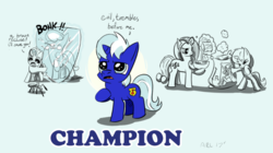 Size: 1024x574 | Tagged: safe, artist:lytlethelemur, oc, oc only, oc:champion, oc:sugar song, pony, spider, unicorn, colt, flour, force field, implied king sombra, magic, male, raised hoof, roleplaying is magic