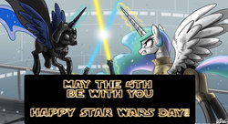 Size: 1024x558 | Tagged: safe, artist:caticornqueen00, artist:johnjoseco, princess celestia, princess luna, g4, darth vader, luke skywalker, may the fourth be with you, star wars
