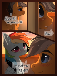 Size: 829x1100 | Tagged: safe, artist:hioshiru, quibble pants, rainbow dash, earth pony, pegasus, pony, comic:tale road, g4, 3 panel comic, blushing, comic, cute, dashabetes, dialogue, duo, duo male and female, ear fluff, female, folded wings, looking at each other, looking at someone, male, mare, romantic, ship:quibbledash, shipping, smiling, smiling at each other, speech bubble, stallion, straight, thought bubble, train, wings