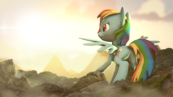 Size: 3840x2160 | Tagged: safe, rainbow dash, pegasus, pony, g4, 3d, female, fog, high res, mare, rock, solo, source filmmaker, sunset