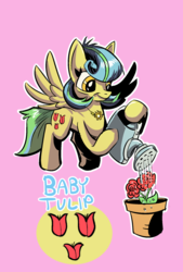 Size: 1024x1517 | Tagged: safe, artist:lytlethelemur, oc, oc only, oc:baby tulip, pegasus, pony, flower, roleplaying is magic, solo