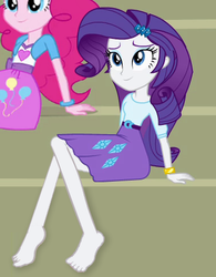 Size: 380x487 | Tagged: safe, edit, edited screencap, editor:grapefruitface, screencap, pinkie pie, rarity, equestria girls, g4, barefoot, barefooting, cropped, feet, female, sitting, smiling, solo focus