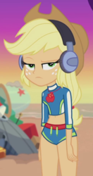 Size: 348x657 | Tagged: safe, screencap, applejack, equestria girls, g4, lost and found, my little pony equestria girls: better together, apple, applejack is not amused, applejack's hat, clothes, cowboy hat, cropped, female, food, freckles, geode of super strength, hat, lidded eyes, looking at you, magical geodes, solo, swimsuit, unamused