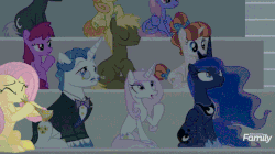 Size: 1143x638 | Tagged: safe, artist:thetomness, artist:torpy-ponius, edit, edited screencap, screencap, berry punch, berryshine, coco crusoe, dark moon, fancypants, fleur-de-lis, fluttershy, graphite, princess luna, rainbow stars, rainbowshine, earth pony, pegasus, pony, unicorn, g4, horse play, season 8, animated, cheering, clapping, eyes closed, female, floppy ears, frown, gif, hoof hold, lidded eyes, loop, luna is not amused, male, mare, night, open mouth, panic attack, paper bag, sitting, stairs, stallion, sun, unamused, wide eyes