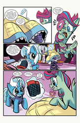 Size: 1024x1583 | Tagged: safe, artist:lytlethelemur, rarity, oc, oc:champion, oc:gimbal lock, oc:sugar song, pegasus, pony, unicorn, comic:on the job with gimbal lock, littlepartycomics, g4, carousel boutique, clothes, comic, donut, dress, food, roleplaying is magic