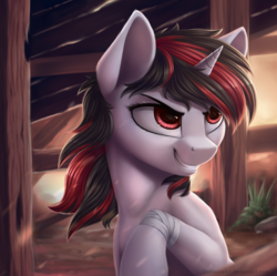 Size: 2922x2910 | Tagged: safe, artist:deltauraart, oc, oc only, oc:blackjack, pony, unicorn, fallout equestria, fallout equestria: project horizons, bandage, female, high res, mare, smiling, solo
