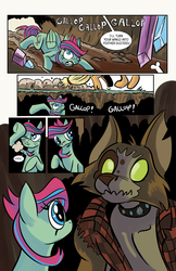 Size: 1024x1583 | Tagged: safe, artist:lytlethelemur, applejack, oc, oc:gimbal lock, oc:mutt, diamond dog, pegasus, pony, comic:on the job with gimbal lock, littlepartycomics, g4, bone, cave, comic, crystal, roleplaying is magic