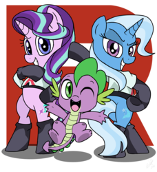Size: 1014x1114 | Tagged: safe, artist:emositecc, spike, starlight glimmer, trixie, dragon, pony, unicorn, g4, bipedal, clothes, cosplay, costume, crossover, female, looking at you, mare, pokémon, simple background, team rocket, transparent background