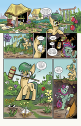 Size: 1024x1583 | Tagged: safe, artist:lytlethelemur, oc, oc only, oc:gimbal lock, oc:mutt, oc:nutmeg, diamond dog, earth pony, pegasus, pony, comic:on the job with gimbal lock, littlepartycomics, comic, flower, garden, mallet, roleplaying is magic, turnip, watering can