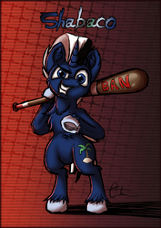 Size: 905x1280 | Tagged: safe, artist:calena, derpibooru exclusive, oc, oc only, oc:shabaco, pony, unicorn, abstract background, baseball bat, ear fluff, fluffy, signature, simple background, solo, standing up, underhoof