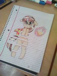 Size: 1080x1440 | Tagged: safe, artist:gblacksnow, oc, oc only, oc:butterbeer, pony, unicorn, alcohol, beer, clothes, cute, female, floppy ears, glasses, lined paper, magic, ocbetes, scarf, solo, telekinesis, traditional art
