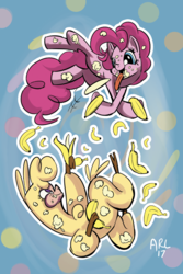 Size: 1024x1536 | Tagged: safe, artist:lytlethelemur, paprika (tfh), pinkie pie, alpaca, earth pony, pony, them's fightin' herds, g4, banana, cloven hooves, community related, duo, female, food, food fight, mare