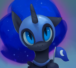 Size: 750x673 | Tagged: safe, artist:rodrigues404, nightmare moon, alicorn, pony, cute, ethereal mane, female, filly, flag, gradient background, helmet, looking at you, mare, moonabetes, nightmare woon, solo, starry mane
