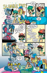 Size: 3300x5100 | Tagged: safe, artist:lytlethelemur, artist:willdabeard, oc, oc:nutmeg, oc:nutmeg's parents, earth pony, pony, comic:for the love of nutmeg, littlepartycomics, comic, phone, roleplaying is magic, safety harness, safety helmet, slumber party