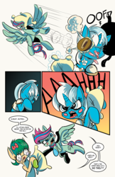 Size: 3300x5100 | Tagged: safe, artist:lytlethelemur, artist:willdabeard, oc, oc only, oc:champion, oc:gimbal lock, oc:nutmeg, earth pony, pegasus, pony, unicorn, comic:for the love of nutmeg, littlepartycomics, comic, comic preview, hostile makeover, i need an adult, pillow, powder puff, roleplaying is magic