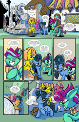 Size: 6600x10200 | Tagged: safe, artist:lytlethelemur, oc, oc:gimbal lock, pegasus, pony, unicorn, comic:fly with me, littlepartycomics, absurd resolution, angry, bully, bullying, comic, female, filly, fountain, insult, roleplaying is magic