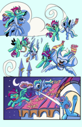 Size: 6600x10200 | Tagged: safe, artist:lytlethelemur, oc, oc only, oc:gimbal lock, oc:rally point, pegasus, pony, unicorn, comic:fly with me, littlepartycomics, absurd resolution, armpits, audible troting, canterlot, comic, fillys, flying, mane brush, roleplaying is magic, rooftop