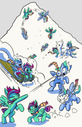 Size: 6600x10200 | Tagged: safe, artist:lytlethelemur, oc, oc only, oc:gimbal lock, oc:rally point, pony, comic:fly with me, littlepartycomics, absurd resolution, comic, cute, female, filly, flying, mountain, roleplaying is magic, sibling bonding, sledding, snow, snowball, snowball fight, snowpony