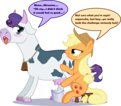 Size: 2462x2152 | Tagged: safe, artist:blupolicebox, applejack, rarity, cow, earth pony, pony, g4, aftermath, bedroom eyes, bell, blush lines, blushing, bucket, cowbell, cowified, dialogue, duo, duo female, eyeshadow, female, female orgasm, floppy ears, grin, high res, implied lesbian, implied rarijack, implied shipping, interspecies, lesbian, looking at each other, looking back, looking forward, makeup, milk, milking, moo, mute, open mouth, orgasm, raricow, show accurate, simple background, sitting, smiling, species swap, speech bubble, speech change, stool, tongue out, transformed, transparent background, udder