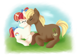 Size: 2500x1833 | Tagged: safe, artist:fannytastical, coco crusoe, rainbow stars, earth pony, pony, unicorn, g4, background pony, blushing, cheek kiss, crusoestars, drawthread, duo, duo male and female, female, kissing, male, mare, one eye closed, shipping, simple background, stallion, straight, transparent background