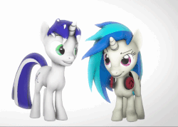 Size: 640x455 | Tagged: safe, artist:vocalscorepony, dj pon-3, vinyl scratch, oc, oc:vocalscorepony, pony, unicorn, g4, 3d, all about that bass, animated, butt, butt shake, cutie mark, dancing, female, gif, headphones, like what you see?, looking back, male, mare, plot, simple background, source filmmaker, stallion, teasing, twerking, vinyl ass