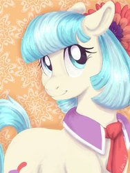 Size: 600x800 | Tagged: safe, artist:laps-sp, coco pommel, earth pony, pony, g4, abstract background, female, smiling, solo